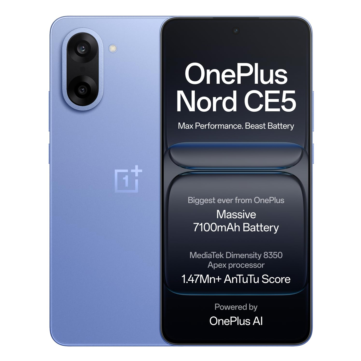 OnePlus Nord CE5 | Massive 7100mAh Battery | MediaTek Dimensity 8350 Apex | Powered by OnePlus AI | 8GB + 256GB | Nexus Blue